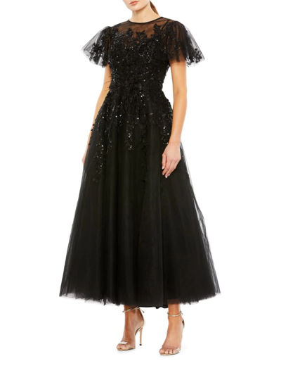 Mac Duggal Embellished Flutter Sleeve Bow Waist A Line Dress In Black