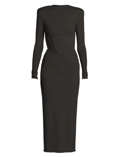 Versace Corset Detail Long Sleeve Jersey Midi Dress In Black