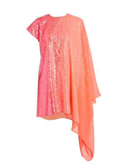 Halpern Asymmetric Sequin-embellished Ombré Chiffon Mini Dress In Salmon