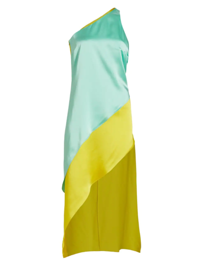 Halpern Razor One-shoulder Two-tone Satin Midi Dress In Aqua And Lemon