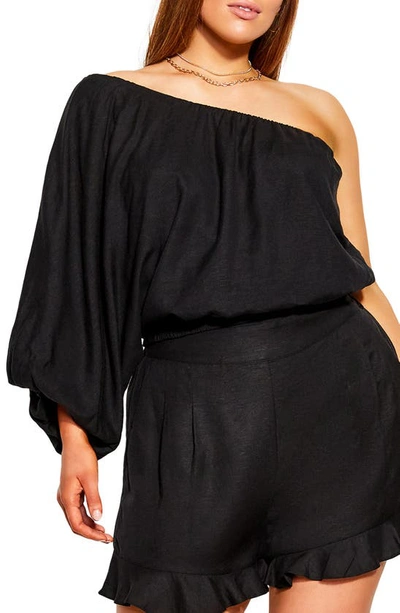 City Chic Wonderous Linen Blend One-shoulder Top In Black