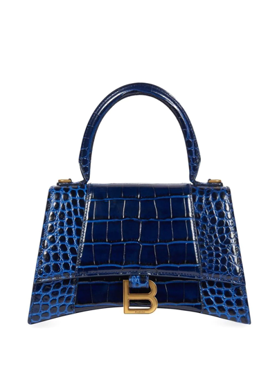 Balenciaga Small Hourglass Crocodile Effect Bag In Blue