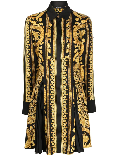 Versace Yellow Barocco Silk Midi Shirt Dress In Black,gold