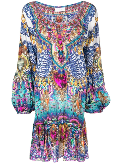 Camilla Lucky Charms Blouson-sleeve A-line Frill Dress In Blue