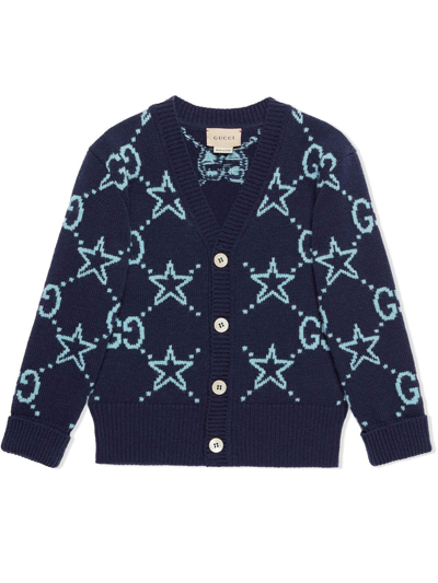 Gucci Kids' Gg Star-print Wool Cardigan In Navy/baby Blue