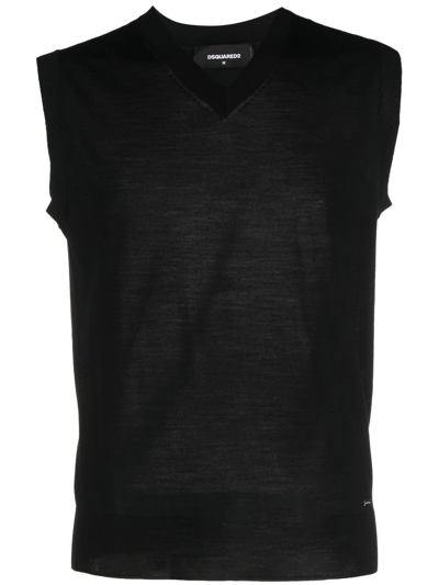 Dsquared2 V-neck Wool Waistcoat Top In Black