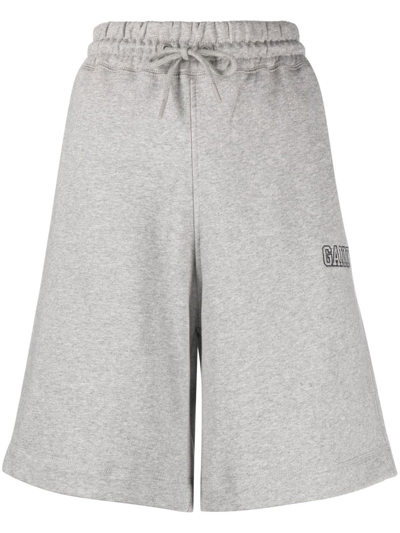 Ganni Embroidered Logo Track Shorts In Grey