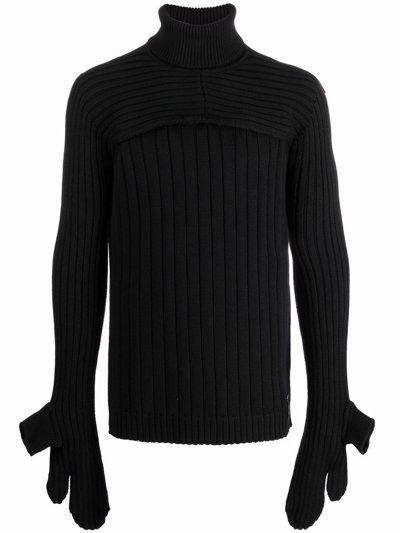 Fendi Wool Jumper With Asymmetrical Sleeves And Ribbed Knit In Black