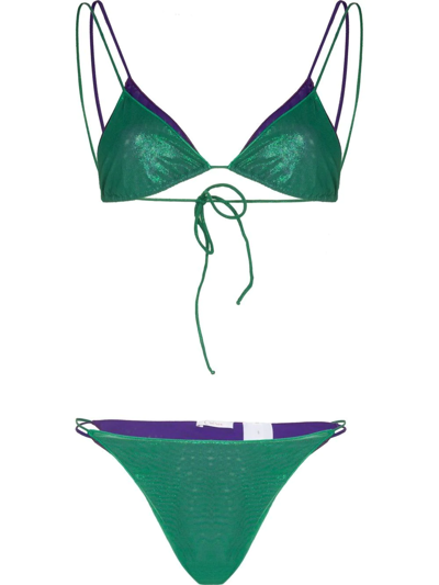 Oseree Triangle-cup Tie-fastening Bikini In Green,purple