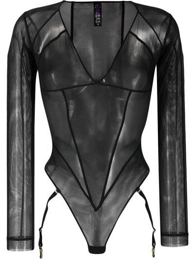 Maison Close Dahlia Sheer Long-sleeve Bodysuit In Black