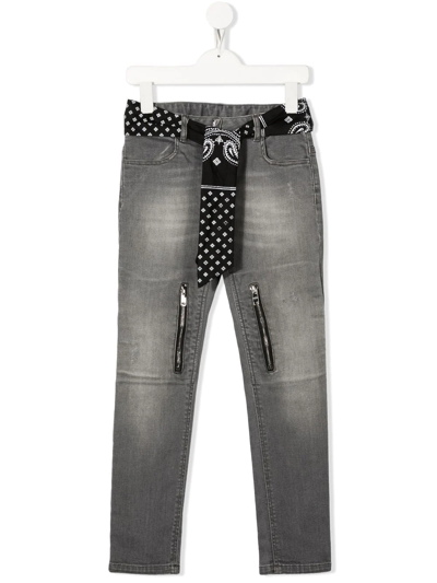Givenchy Kids Jeans In Grey Denim With Bandana Belt In Denim Grigio