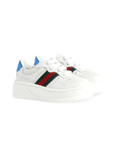 Gucci Kids Leather Web Stripe Sneakers In White/comb
