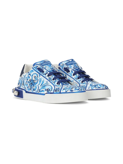 Dolce & Gabbana Kids' Blue Portofino Light Printed Leather Sneakers In White