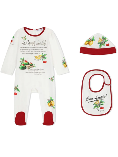 Dolce & Gabbana Babies' 3-piece Gift Set With Buon Appetito Print In Ivory
