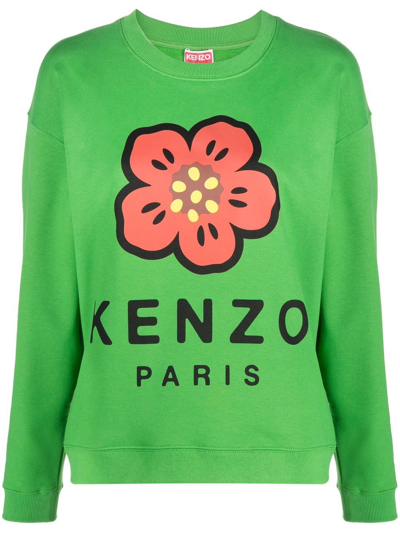 Kenzo Logo Print Green Boke Flower Crew Neck Sweatshirt In Vert
