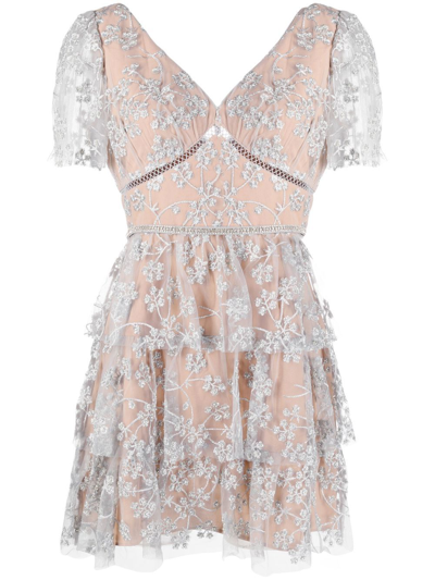 Self-portrait Floral-embroidered Tulle Dress In Silver