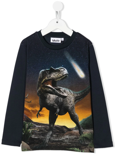 Molo Kids' Dinosaur-print Long-sleeved T-shirt In Blue