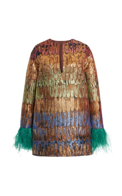Valentino Broccato Golden Wings Tunic Dress With Feather Trim