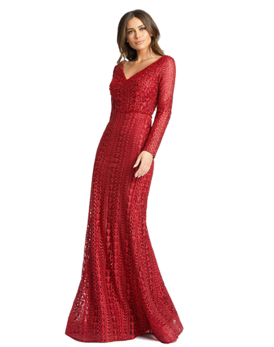 Mac Duggal Embroidered Long Sleeve V Neck Trumpet Gown In Red
