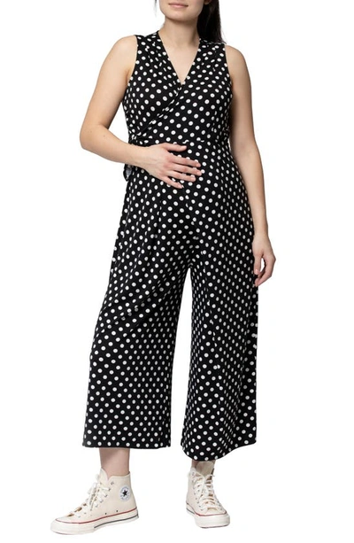 Nom Maternity Francesca Wide Leg Maternity/nursing Jumpsuit In Black With White Dot