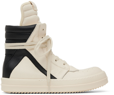 Rick Owens Kids' White And Black Geobasket High Top Leather Sneakers