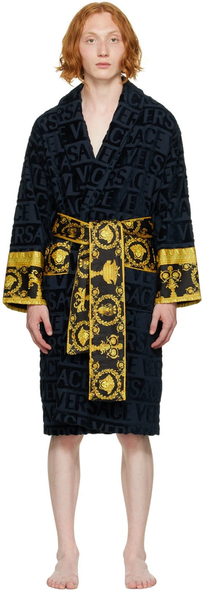 Versace I Love Baroque Belted-waist Dressing Gown In Blue