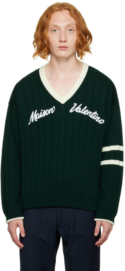 Valentino Varsity Logo-embroidered Wool-knit Jumper In Green/ivory