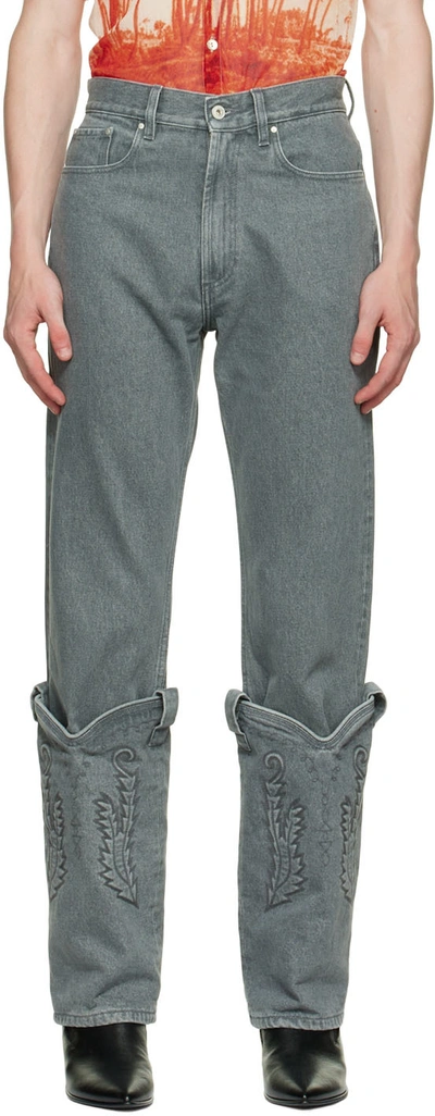 Y/project Cowboy-cuff Straight-leg Organic Jeans In Grey