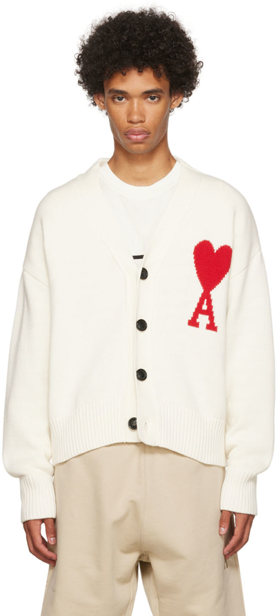 Ami Alexandre Mattiussi White Ami De Cœur Cardigan In White/red/102