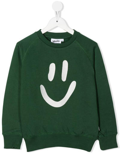 Molo Kids' Smiley Face-print Crew Neck Sweatshirt In Verde