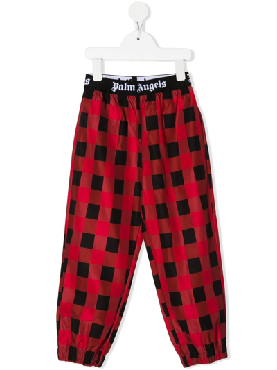 Palm Angels Kids' Logo-waistband Check Trousers In Black