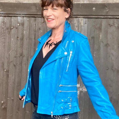 Pre-owned Tara Cole Designs Real Leather Turquoise Blue Ladies Biker Style Jacket