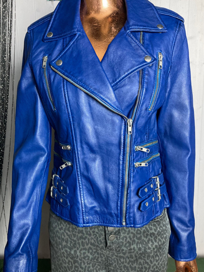 Pre-owned Tara Cole Designs Real Blue Leather Ladies Biker Style Jacket