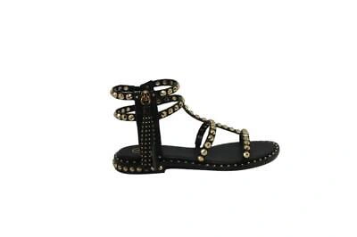 Pre-owned Ash Women's Sandals Open Power Leather With Studs Golden Black ( N.38)