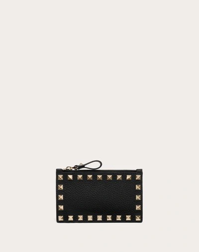 Valentino Garavani Rockstud Grainy Calfskin Cardholder With Zip Woman Black Uni In Black
