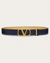 Valentino Garavani Vlogo Signature Reversible Belt In Shiny And Metallic Calfskin 30mm Woman Marine