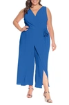London Times Sleeveless Faux Wrap Jumpsuit In Azure