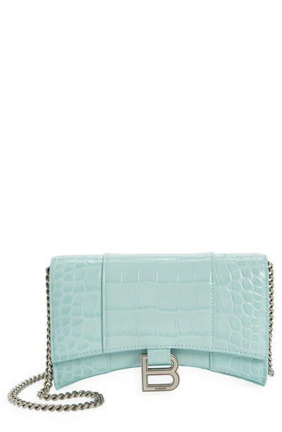 Balenciaga Hourglass Croc Embossed Leather Wallet On A Chain In Green Aqua