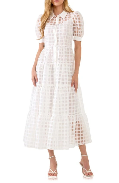 English Factory Grid Pattern Tiered Midi Shirtdress In White