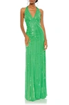 Mac Duggal Sequin Halter Neck Sheath Gown In Spring Green