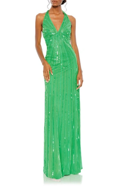 Mac Duggal Sequin Halter Neck Sheath Gown In Spring Green