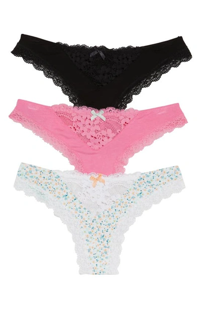 Honeydew Intimates 3-pack Willow Thongs In Black/ Pink/ Cream Ditsy