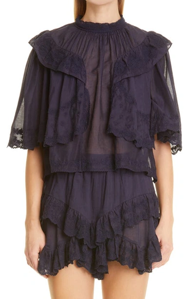 Isabel Marant Étoile Laeti Embroidered Cotton Ruffle Blouse In Faded Night