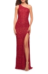 La Femme One-shoulder Sequin Gown In Red