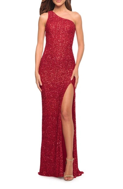 La Femme One-shoulder Sequin Gown In Red