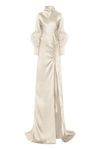 LAPOINTE SATIN BIAS FEATHER TAB GOWN WITH SLIT