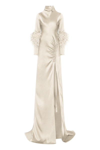 Lapointe Satin Bias Feather Tab Gown With Slit In Cream