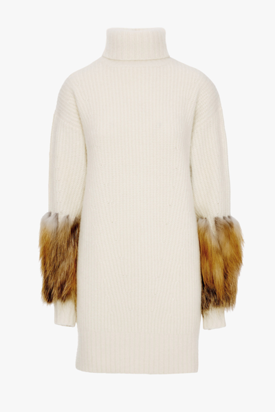 Lapointe Turtleneck Dress With Fox Fur In Ivory