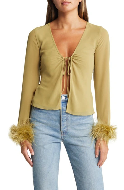 House Of Cb Claudia Feather Trim Blouse In Olive