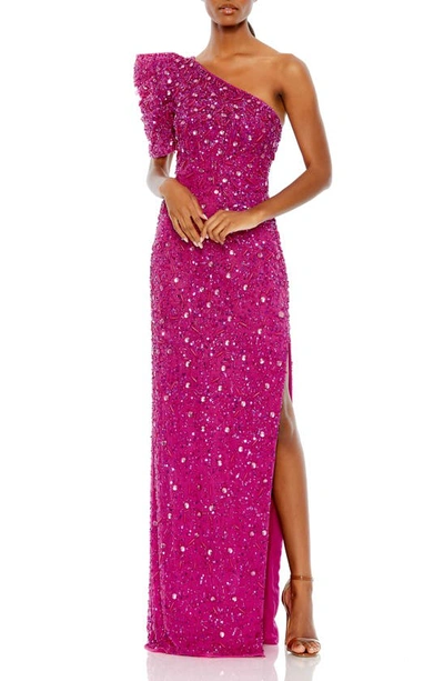 Mac Duggal One Shoulder Puff Sleeve Beaded Column Gown In Hot Pink